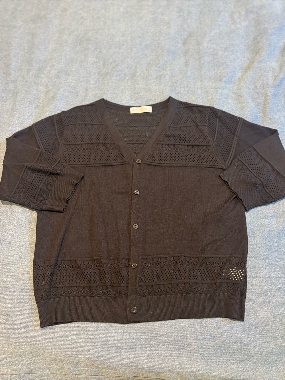Grace Karin Black Crochet Pointelle Hollow-Out Knit Button Cardigan – Size L